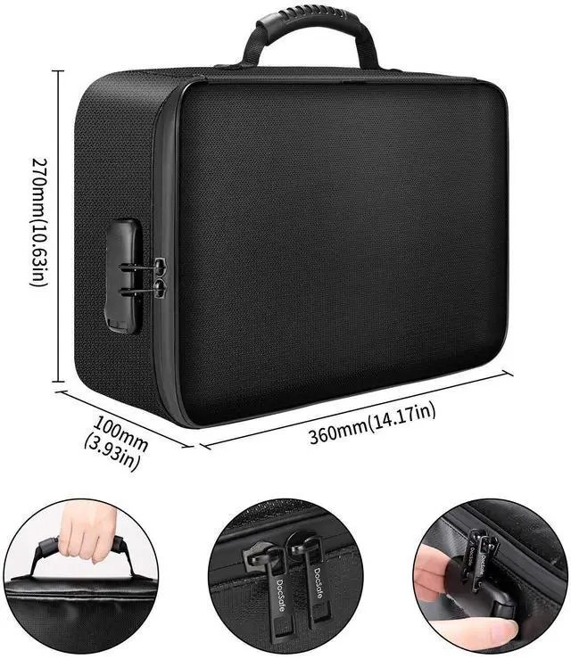 Alt view image 4 of 7 - Document Bag with Lock,Fireproof 3-Layer File Storage Case with Water-Resistant Zipper,Document Safe Portable Travel Home Organizer Bag for Laptop,Files,Certificates,Gifts for Him,Black