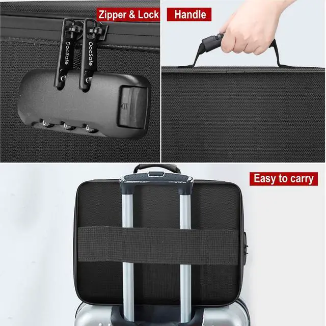 Alt view image 7 of 7 - Document Bag with Lock,Fireproof 3-Layer File Storage Case with Water-Resistant Zipper,Document Safe Portable Travel Home Organizer Bag for Laptop,Files,Certificates,Gifts for Him,Black