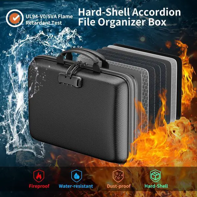 Alt view image 2 of 7 - Fireproof File Organizer with Lock, Hard-Shell Case Fireproof Document Box with 13 Pocket Accordion File Folder, Portable Home Office Travel Safe Storage for Important Documents Laptop Black