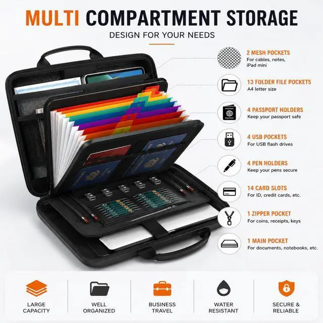 Alt view image 2 of 7 - Fireproof Document Organizer with Lock, Waterproof Hard-Shell File Organizer, 13 Pocket Accordion Folder, Portable Safe Storage for A4 Files, Passports & Certificates, Home Office Travel Use, Black