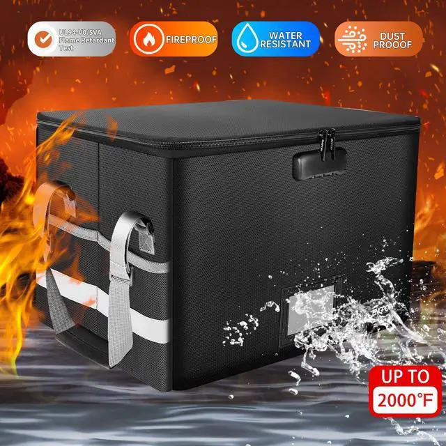 Alt view image 4 of 7 - File Box with Lock,Fireproof Document Box with ZipperPockets,Collapsible File Organizer Filing Storage Cabinet with Handle,Portable Home Office Safe for Hanging Letter/Legal Folder,Black