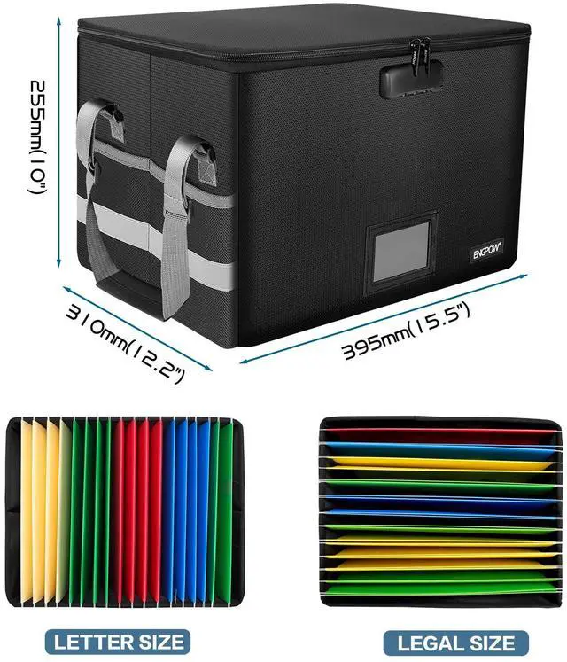 Alt view image 5 of 7 - File Box with Lock,Fireproof Document Box with ZipperPockets,Collapsible File Organizer Filing Storage Cabinet with Handle,Portable Home Office Safe for Hanging Letter/Legal Folder,Black