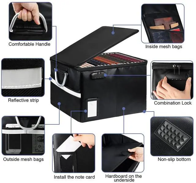 Alt view image 4 of 6 - Fireproof Document Box, Fireproof File Box with Lids, Important Document Organizer Box with Lock, Portable File Folder Organizer with Handle