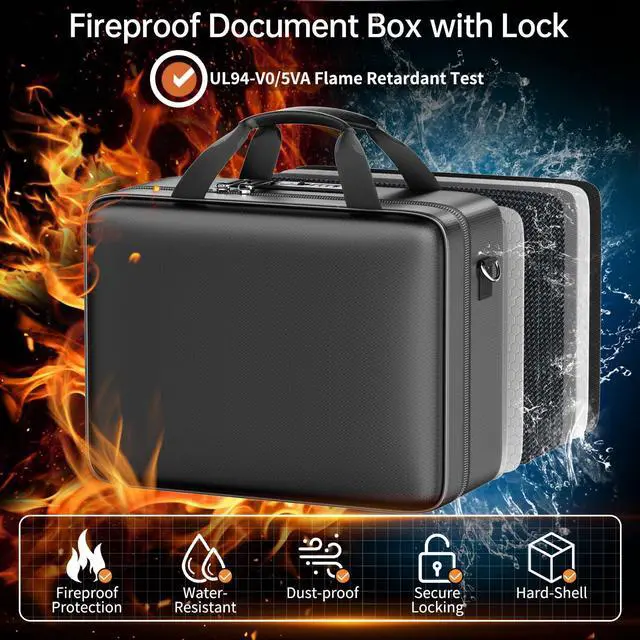 Alt view image 2 of 7 - Fireproof Document Box with Lock, Fireproof Water Resistant Hard Case File Organizer Safe Box with Multi Pockets, Protects Important Documents Certificates Laptop Passports (Black)