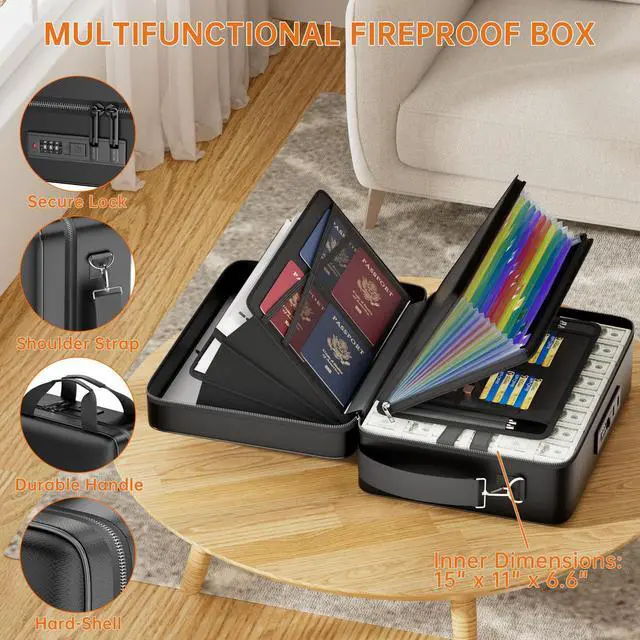 Alt view image 5 of 7 - Fireproof Document Box with Lock, Fireproof Water Resistant Hard Case File Organizer Safe Box with Multi Pockets, Protects Important Documents Certificates Laptop Passports (Black)