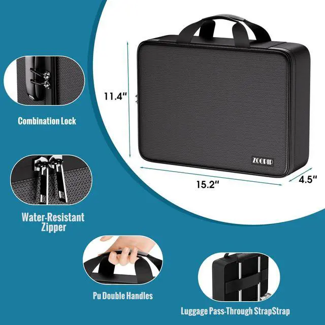 Alt view image 4 of 7 - Fireproof Document Bag with Lock,Soft-Shell Document Organizer with Water-Resistant Zipper,Portable File Safe Storage for Laptops,Passports,Certificates,Important Paperwork(Black)