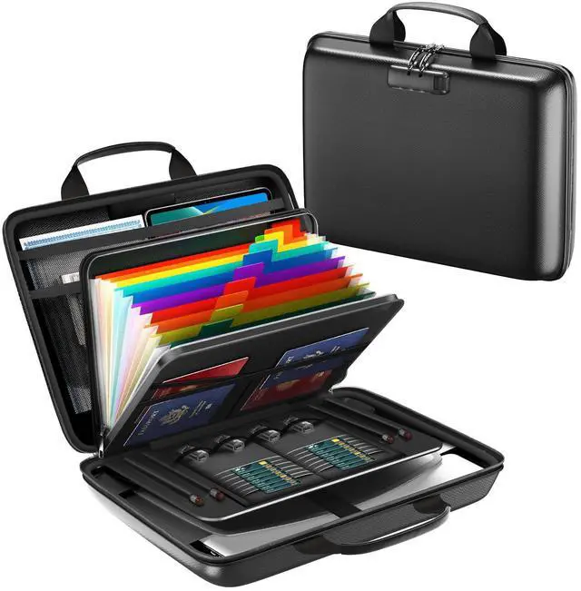 Main image of Fireproof Document Box, Hard Case Fireproof File Organizer with Lock and 13 Pocket Accordion File Folder, Portable Safe Box for Home Office Travel to Storage Important Documents Laptop Black