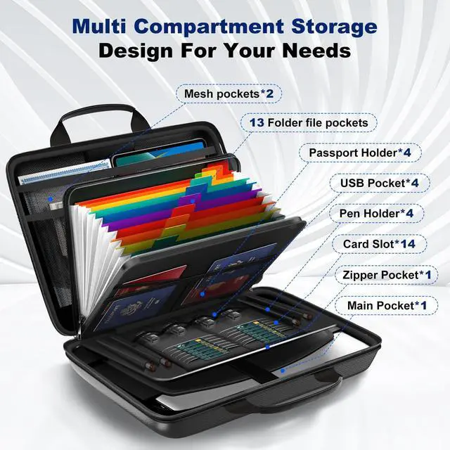 Alt view image 5 of 7 - Fireproof Document Box, Hard Case Fireproof File Organizer with Lock and 13 Pocket Accordion File Folder, Portable Safe Box for Home Office Travel to Storage Important Documents Laptop Black