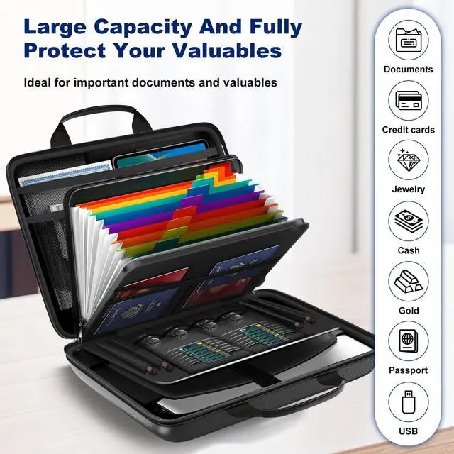 Alt view image 3 of 7 - Fireproof Document Box, Hard Case Fireproof File Organizer with Lock and 13 Pocket Accordion File Folder, Portable Safe Box for Home Office Travel to Storage Important Documents Laptop Black