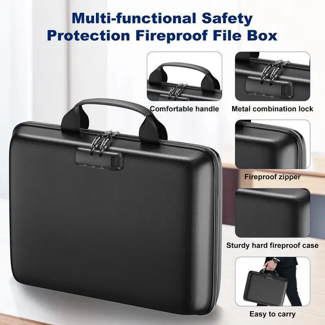 Alt view image 6 of 7 - Fireproof Document Box, Hard Case Fireproof File Organizer with Lock and 13 Pocket Accordion File Folder, Portable Safe Box for Home Office Travel to Storage Important Documents Laptop Black