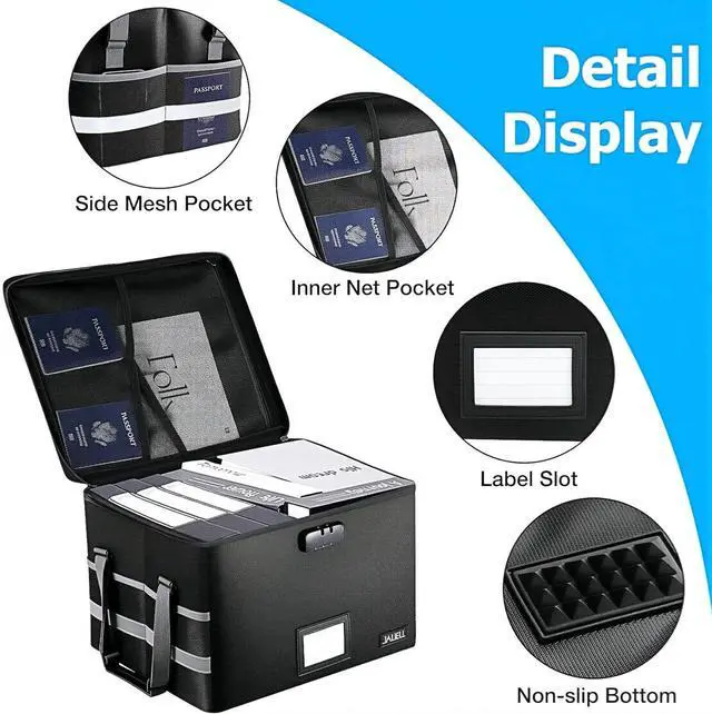 Alt view image 3 of 7 - File Box with Lock, Fireproof Document File Organizer Box with Zipper & Adjustable Handle, Collapsible File Storage Box Home Office Safe Filing Cabinet for Hanging Letter/Legal Folder