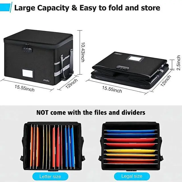 Alt view image 6 of 7 - File Box with Lock, Fireproof Document File Organizer Box with Zipper & Adjustable Handle, Collapsible File Storage Box Home Office Safe Filing Cabinet for Hanging Letter/Legal Folder