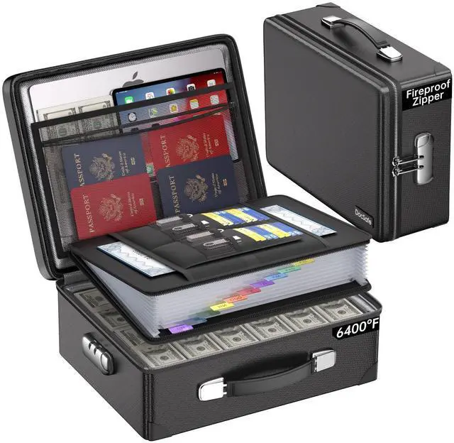 Main image of 6400°F Fireproof Document Box with Lock,Heat Insulated Fireproof Water Resistant 10 Layers Hard Case Safe Box with ZipperMulti Pockets,Protects Personal Items,Documents,Laptop,Passport,Black
