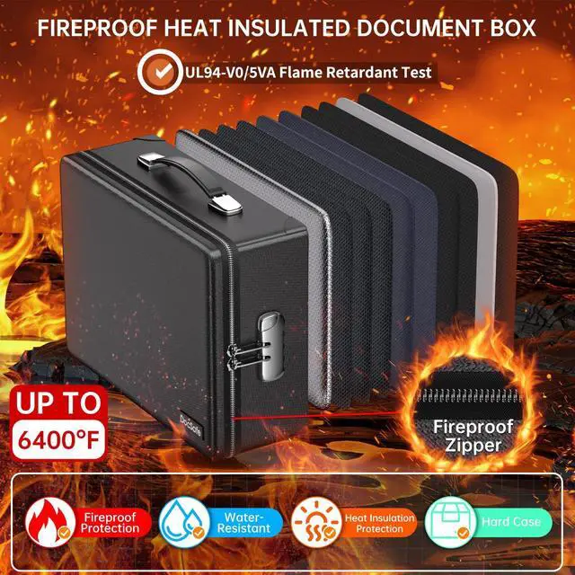 Alt view image 2 of 7 - 6400°F Fireproof Document Box with Lock,Heat Insulated Fireproof Water Resistant 10 Layers Hard Case Safe Box with ZipperMulti Pockets,Protects Personal Items,Documents,Laptop,Passport,Black