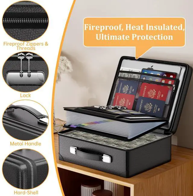 Alt view image 4 of 7 - 6400°F Fireproof Document Box with Lock,Heat Insulated Fireproof Water Resistant 10 Layers Hard Case Safe Box with ZipperMulti Pockets,Protects Personal Items,Documents,Laptop,Passport,Black