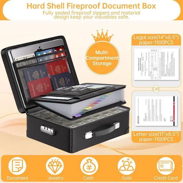 Alt view image 5 of 7 - 6400°F Fireproof Document Box with Lock,Heat Insulated Fireproof Water Resistant 10 Layers Hard Case Safe Box with ZipperMulti Pockets,Protects Personal Items,Documents,Laptop,Passport,Black