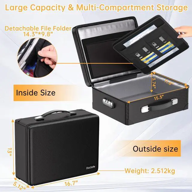Alt view image 6 of 7 - 6400°F Fireproof Document Box with Lock,Heat Insulated Fireproof Water Resistant 10 Layers Hard Case Safe Box with ZipperMulti Pockets,Protects Personal Items,Documents,Laptop,Passport,Black