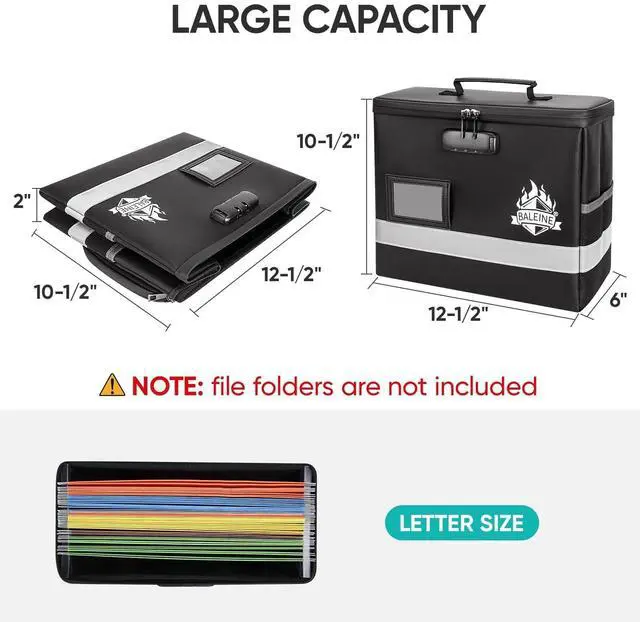 Alt view image 4 of 7 - Fireproof Document Box with Lock, Portable Fireproof Document Bag Waterproof Fire Proof File Boxes for Documents, File Organizer Box for Important Paperwork (Black, 12.5''x10.5''x6'')