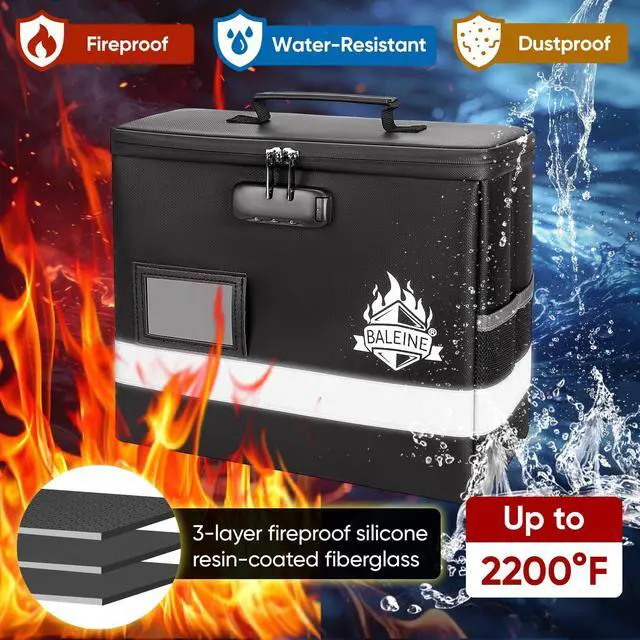 Alt view image 5 of 7 - Fireproof Document Box with Lock, Portable Fireproof Document Bag Waterproof Fire Proof File Boxes for Documents, File Organizer Box for Important Paperwork (Black, 12.5''x10.5''x6'')