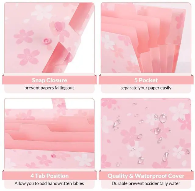Alt view image 3 of 7 - Pink Expanding File Folder with 5 Pockets, Cute Accordion File Organizer, Portable Receipt Paper Documents Organizer, Letter Size Filing Folder School Office Supplies