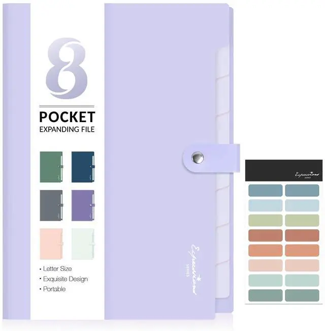 Main image of Elegant Accordion File Organizer with Labels, 8 Pocket Expanding File Folder, Portable Folders for Documents, Cute Paper Organizer for School Office Supplies, Letter Size, Light Purple