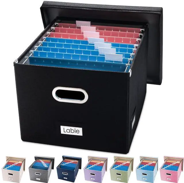 Main image of File Organizer Box - Set of 1 Collapsible Decorative Linen Filing Storage Hanging File Folders with Lids Office Cabinet Letter/Legal Size Black (17x14x11.2 inch)