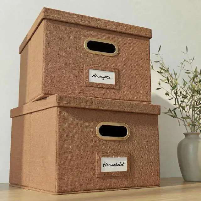 Main image of Decorative File Organizer Box Set of 2 - Collapsible Linen Filing Cabinets with Handles Are Perfect to Store All Your Documents & Hanging File Folders - Portable Easy Slide Office Crates with Lid