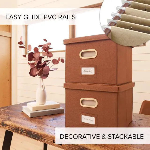 Alt view image 4 of 7 - Decorative File Organizer Box Set of 2 - Collapsible Linen Filing Cabinets with Handles Are Perfect to Store All Your Documents & Hanging File Folders - Portable Easy Slide Office Crates with Lid