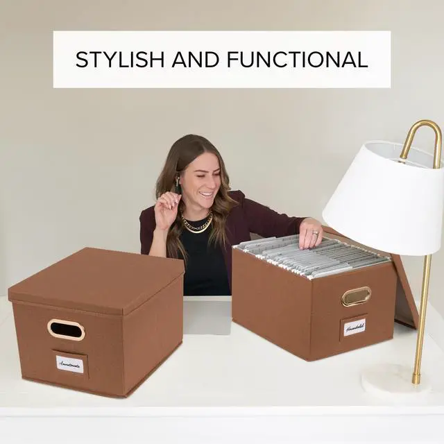 Alt view image 7 of 7 - Decorative File Organizer Box Set of 2 - Collapsible Linen Filing Cabinets with Handles Are Perfect to Store All Your Documents & Hanging File Folders - Portable Easy Slide Office Crates with Lid