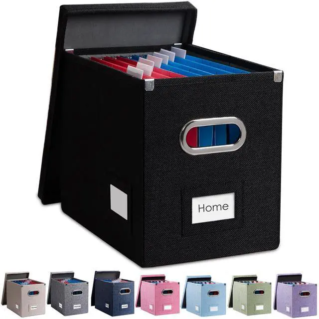 Main image of File Organizer Box - Set of 1 Collapsible Decorative Linen Filing Storage Hanging File Folders with Lids Office Cabinet Letter Size Black (14x9.3x10.8 inch)