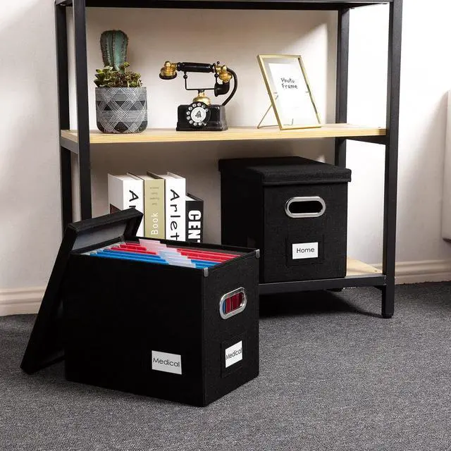 Alt view image 3 of 7 - File Organizer Box - Set of 1 Collapsible Decorative Linen Filing Storage Hanging File Folders with Lids Office Cabinet Letter Size Black (14x9.3x10.8 inch)