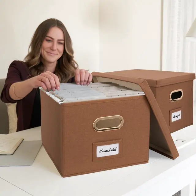 Alt view image 6 of 7 - Decorative File Organizer Box Set of 2 - Collapsible Linen Filing Cabinets with Handles Are Perfect to Store All Your Documents & Hanging File Folders - Portable Easy Slide Office Crates with Lid