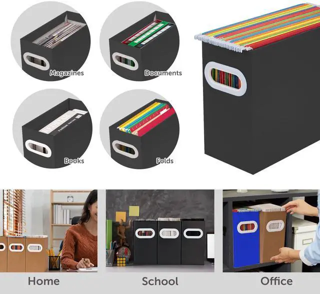 Alt view image 3 of 7 - Collapsible File Organizer Box with Handle Cardboard Hanging File Folder Storage Crate for Desk, Office, School, or Home Colorful Portable Filing Box, Document Organizer, Magazine Holder
