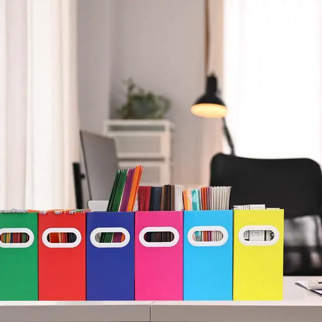 Alt view image 7 of 7 - Collapsible File Organizer Box with Handle Cardboard Hanging File Folder Storage Crate for Desk, Office, School, or Home Colorful Portable Filing Box, Document Organizer, Magazine Holder