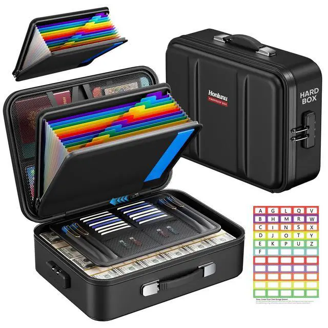 Main image of Fireproof Document Box with Lock, Hard Case Safe Box Water Resistant Document Organizer for Important Documents, Passports, Certificates & Cash, Portable File Storage for Home Office, Black