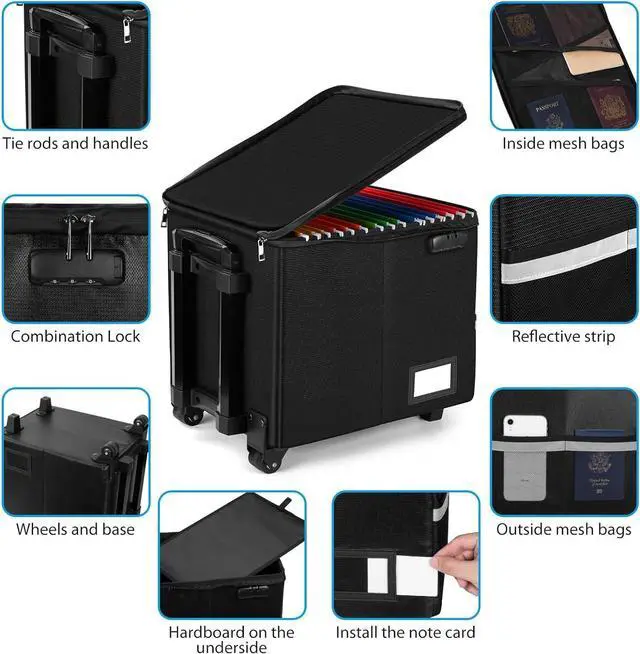 Alt view image 6 of 7 - Fireproof File Box with Wheels, Collapsible Rolling Fireproof Document Bag with Lock, Fireproof Box with Handle & Casters, Mobile Fireproof Document Storage for Legal/Letter Size Files