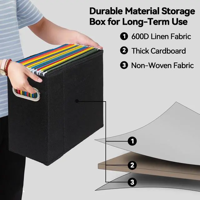Alt view image 3 of 7 - 4 Packs Letter Size File Organizer, File Folders Organizer, Fabric Storage Box, Collapsible Paper Organizer with Metal Handle, Smooth PVC Rails, Only Box (Black)