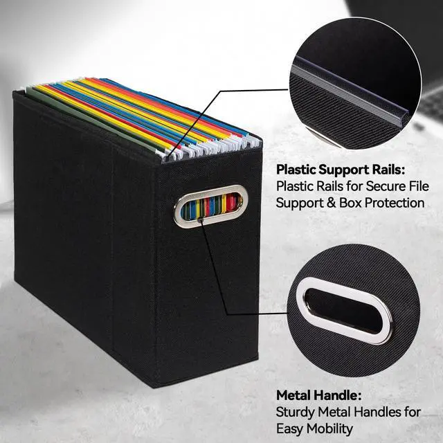 Alt view image 4 of 7 - 4 Packs Letter Size File Organizer, File Folders Organizer, Fabric Storage Box, Collapsible Paper Organizer with Metal Handle, Smooth PVC Rails, Only Box (Black)