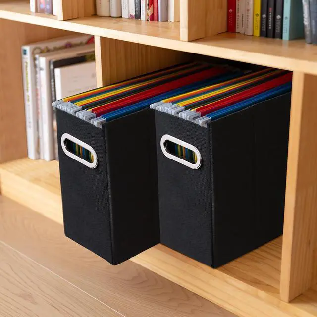 Alt view image 7 of 7 - 4 Packs Letter Size File Organizer, File Folders Organizer, Fabric Storage Box, Collapsible Paper Organizer with Metal Handle, Smooth PVC Rails, Only Box (Black)