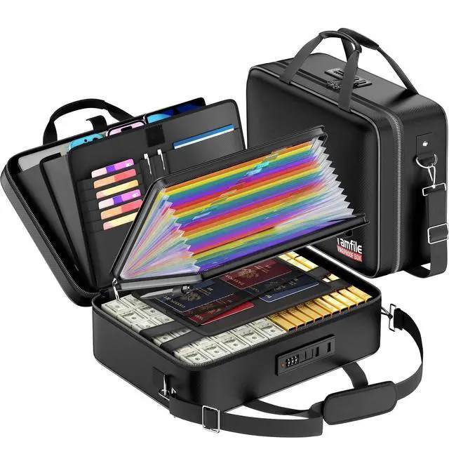 Main image of Fireproof Document Box with Lock, Hard Case Fireproof Water Resistant File Organizer with 24 Colorful Pockets, Fire Safe Box for Important Documents, Valuables, Laptop, Passports (Black)