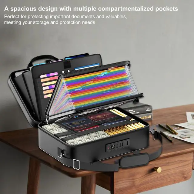 Alt view image 4 of 7 - Fireproof Document Box with Lock, Hard Case Fireproof Water Resistant File Organizer with 24 Colorful Pockets, Fire Safe Box for Important Documents, Valuables, Laptop, Passports (Black)
