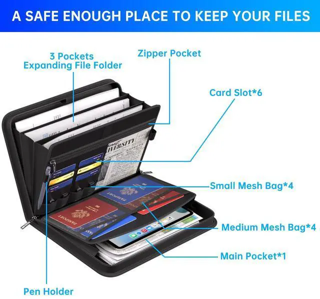 Alt view image 6 of 7 - Document Organizer Folder, Fireproof Expanding File Folder with Multi Pockets, 3 Pockets File Organizer with Handle, Portable Home Travel Safe Storage for Important Documents, Passport, Laptop