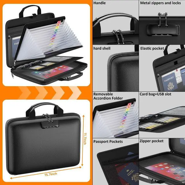 Alt view image 4 of 7 - Fireproof File Organizer with Lock, Hard Case Fireproof Document Box with 13 Pockets Accordion File Folder, Important Document Organizer for Letter A4 Files Laptop Passports (Black)