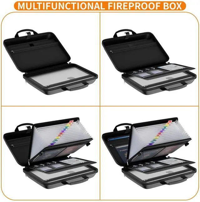 Alt view image 5 of 7 - Fireproof File Organizer with Lock, Hard Case Fireproof Document Box with 13 Pockets Accordion File Folder, Important Document Organizer for Letter A4 Files Laptop Passports (Black)