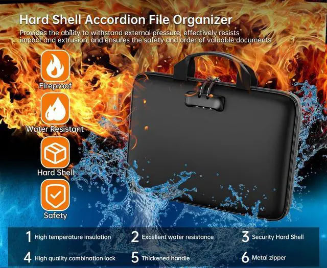Alt view image 7 of 7 - Fireproof File Organizer with Lock, Hard Case Fireproof Document Box with 13 Pockets Accordion File Folder, Important Document Organizer for Letter A4 Files Laptop Passports (Black)