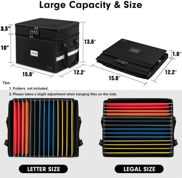 Alt view image 4 of 7 - Fireproof File Organizer with Lock, 2 Layer Fireproof Document Box with 5 Tab Inserts, Portable Office File Cabinet Collapsible File Storage for Hanging Letter, Legal Size Folder