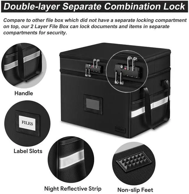 Alt view image 7 of 7 - Fireproof File Organizer with Lock, 2 Layer Fireproof Document Box with 5 Tab Inserts, Portable Office File Cabinet Collapsible File Storage for Hanging Letter, Legal Size Folder