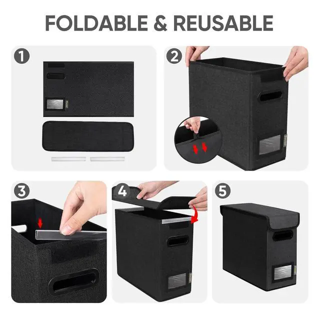 Alt view image 7 of 7 - File Organizer Box with Lid, Collapsible File Folder Organizer with Plastic Slide, Hanging File Folder Box for Office Document Storage (1 Pack, Black, S)