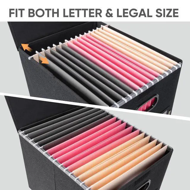 Alt view image 3 of 7 - File Organizer Box with Lid, Collapsible File Folder Organizer with Plastic Slide, Hanging File Folder Box for Office Document Storage (1 Pack, Black)