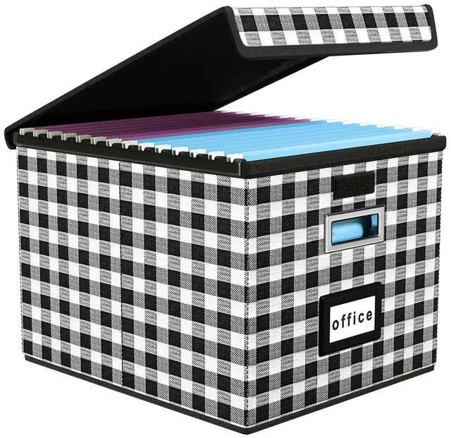 Main image of File Organizer Box with Lid, Collapsible File Folder Organizer for Office Document Storage, Filing Box with Plastic Slide for Letter Size Hanging File Folders(1 Pack, Black & White Lattice)
